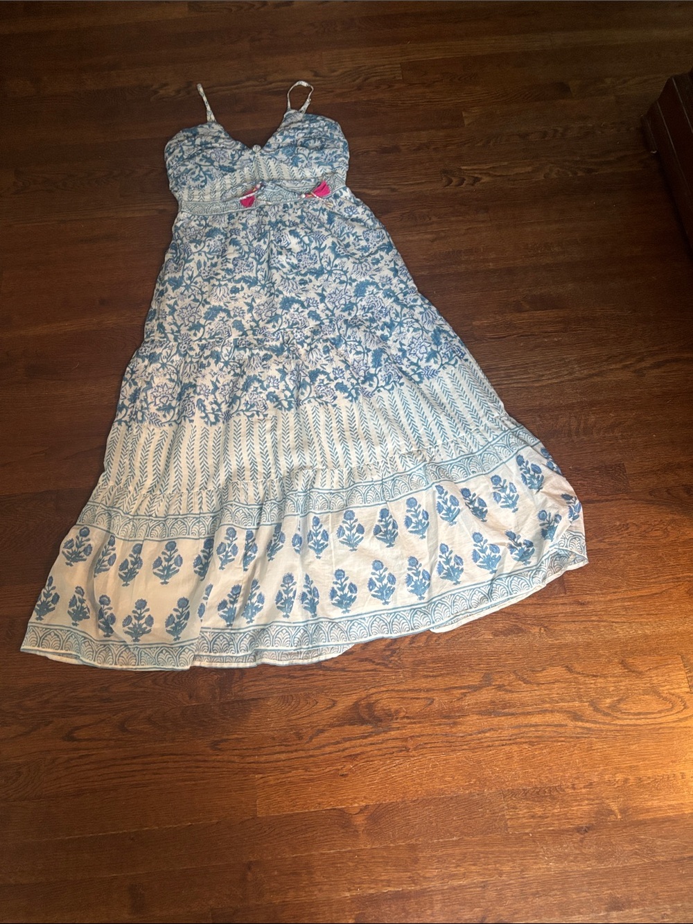 Blue and White Floral Maxi Dress with Spaghetti Straps